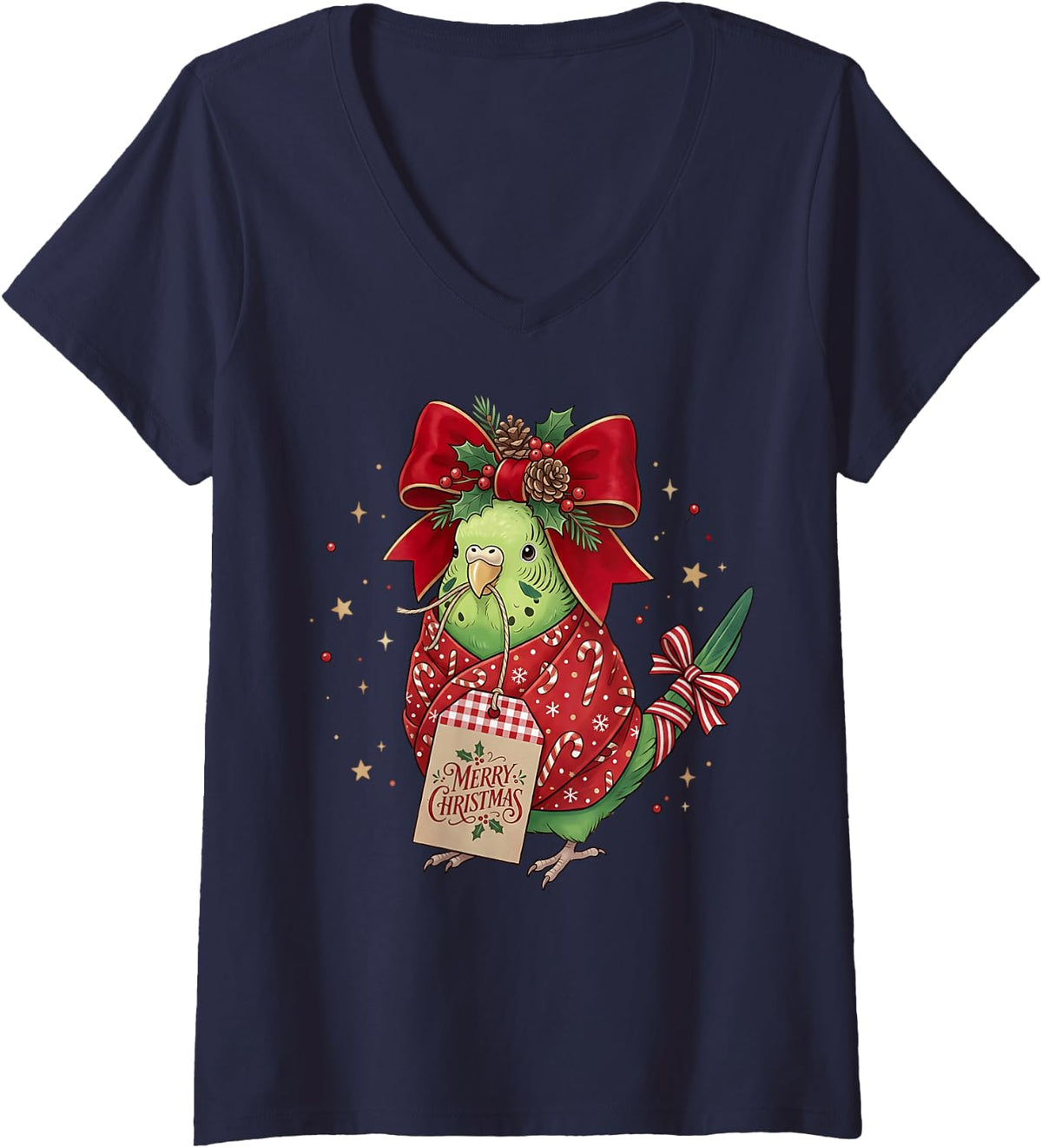 Women's Parakeet Budgie Parrot Candy Cane Wrapping Paper Present V-Neck T-Shirt - Navy Blue