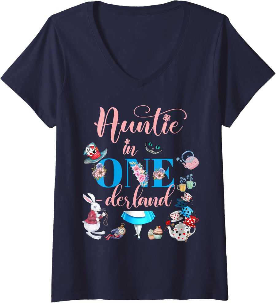 Womens Alice in ONEderland Family Auntie Of The Birthday Girl V-Neck T-Shirt - Navy Blue