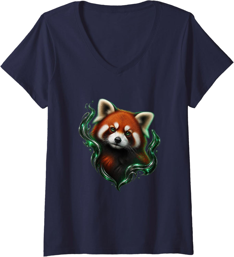 Women's Red Panda with Emerald Liquid Metal Forest Art V-Neck T-Shirt - Navy Blue