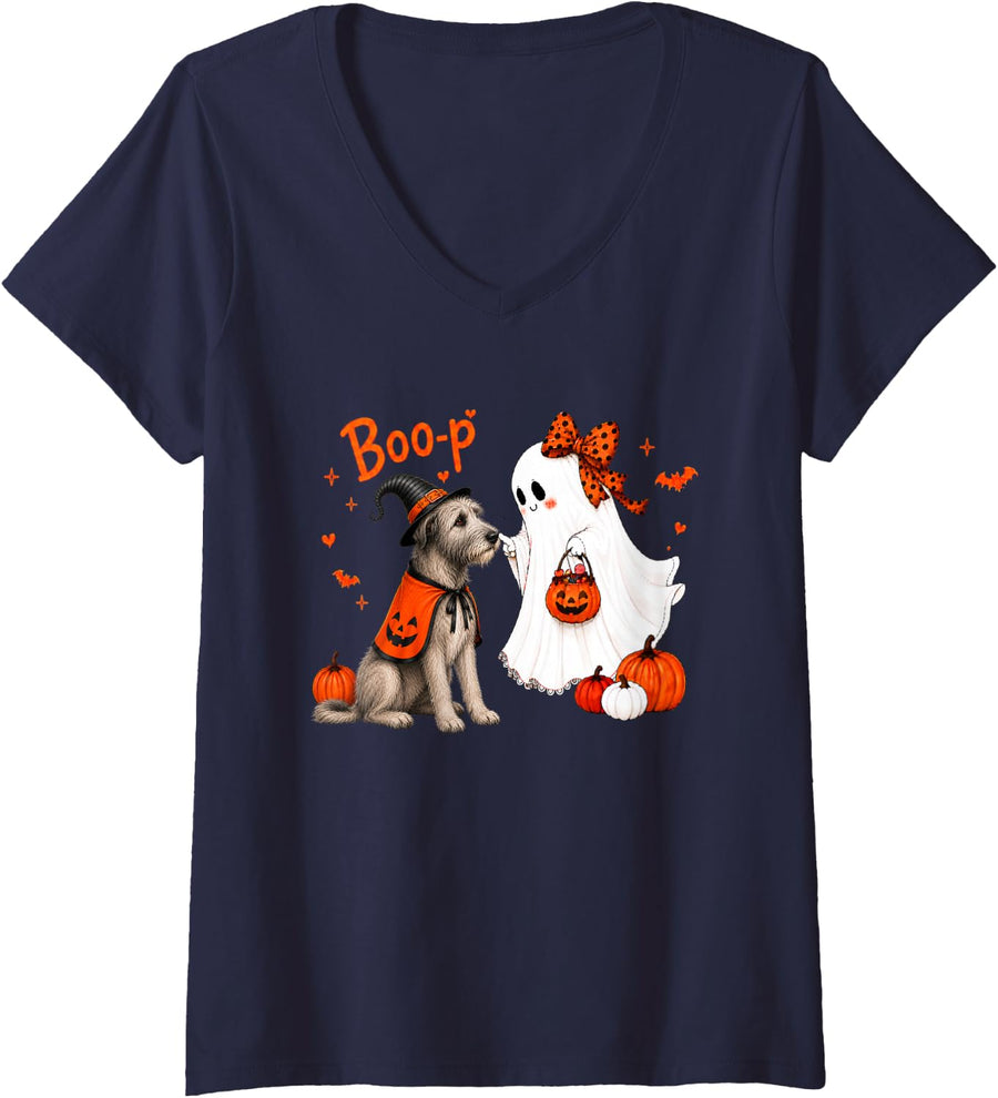 Women's Irish Wolfhound Boo Boo-p Ghost Nose Boop Halloween Dog V-Neck T-Shirt - Navy Blue
