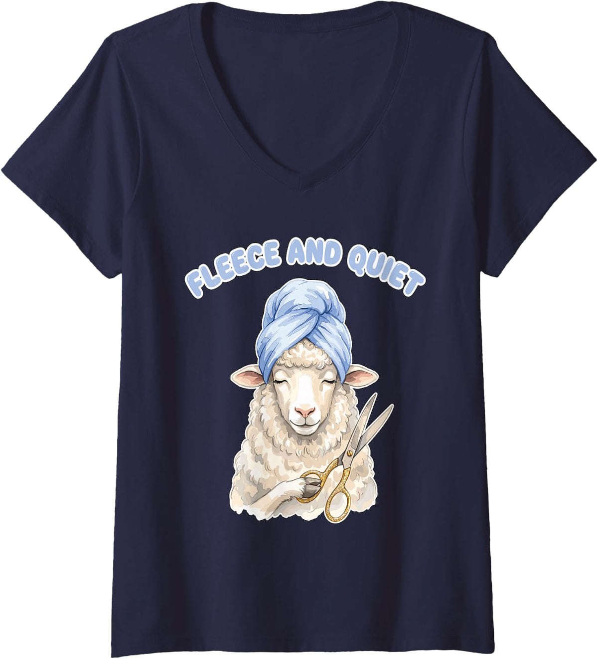 Women's Fleece and Quiet Grooming Sheep Spa Scissors Funny Pun V-Neck T-Shirt - Navy Blue