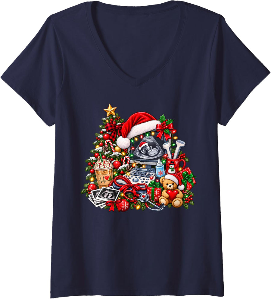 Women's Christmas Sonographer Ultrasound Tech Christmas Technologist V-Neck T-Shirt - Navy Blue