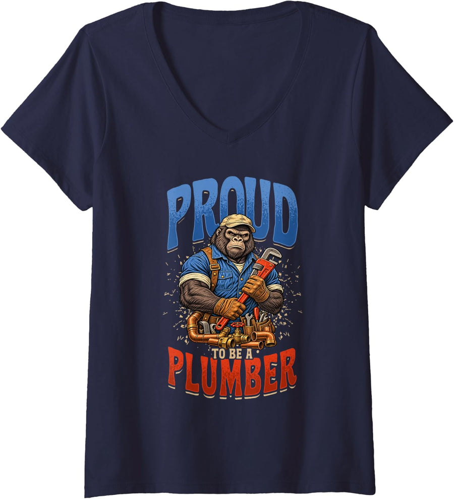 Women's Plumber Proud Plumber and Gorilla V-Neck T-Shirt - Navy Blue