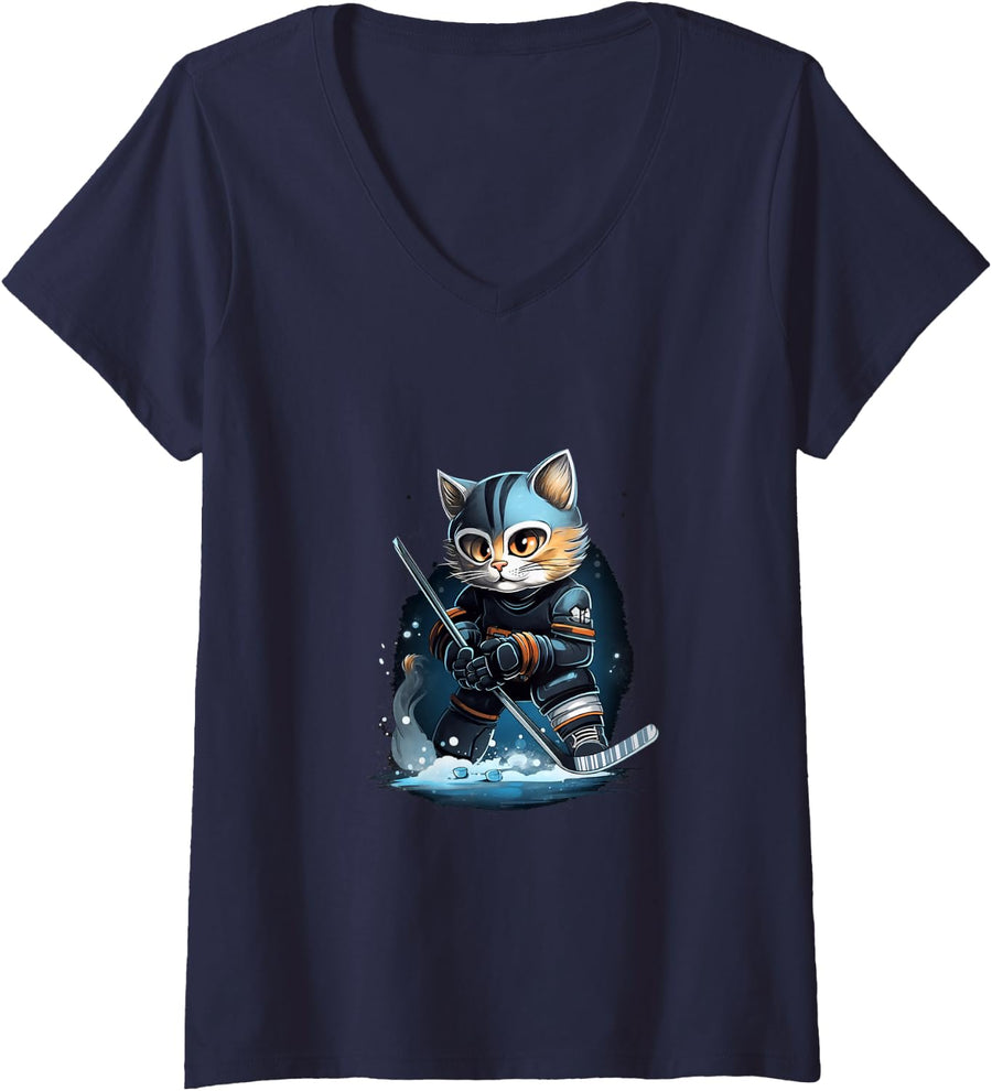 Women's Cat Kitten Ice Hockey Stick Hockey Stick V-Neck T-Shirt - Navy Blue