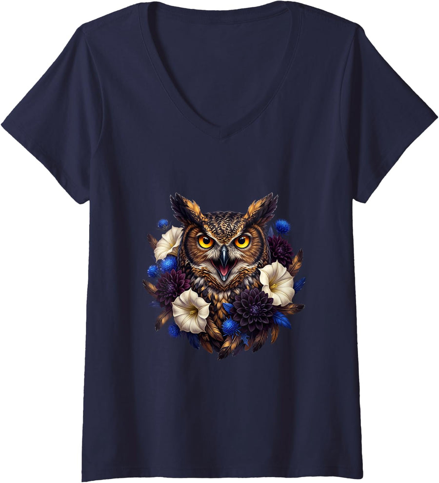 Women's Horned Owl with Blue Thistles and Ivory Trumpet Flowers V-Neck T-Shirt - Navy Blue