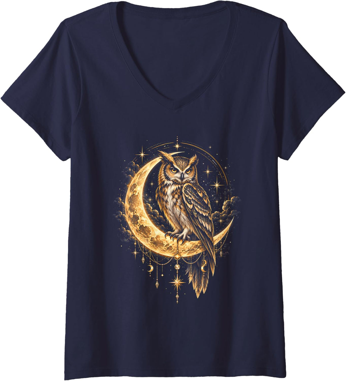 Women's Celestial Owl Crescent Moon Mystical Sky V-Neck T-Shirt - Navy Blue