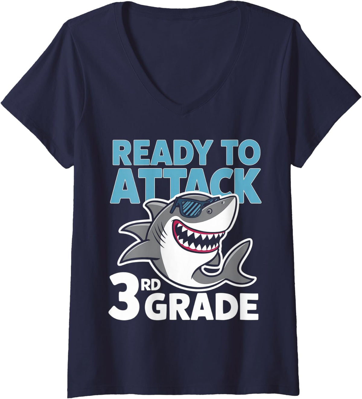 Women's Funny Shark Attack 3RD Grade Third Grade Teacher Student V-Neck T-Shirt - Navy Blue