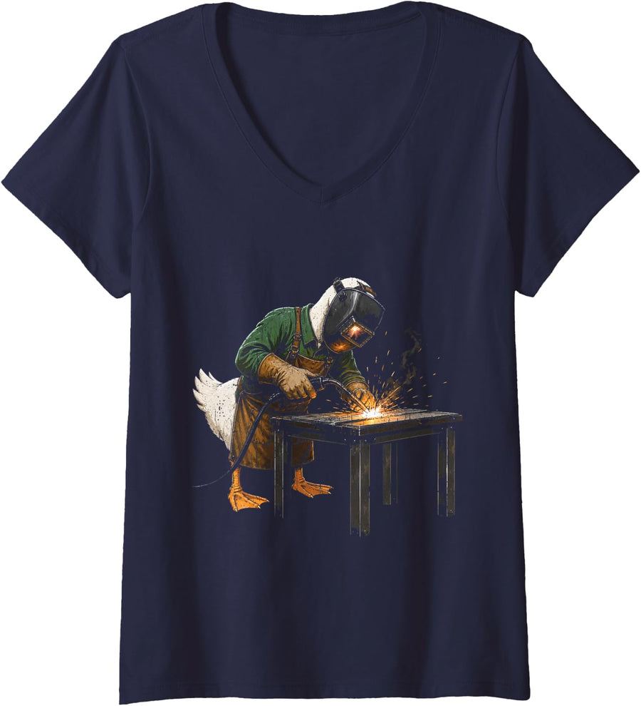 Women's Welder Goose Welding Fabricator Metalworker V-Neck T-Shirt - Navy Blue