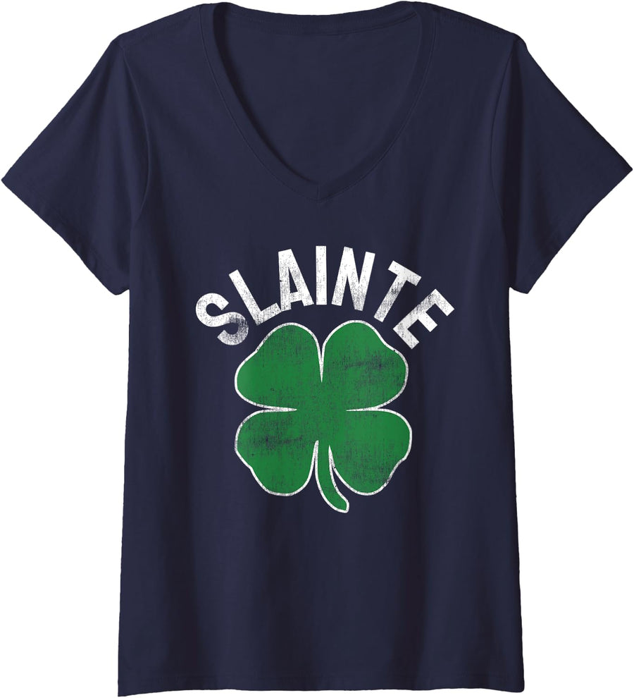 Womens Slainte Beer Drinking Irish ST PATRICKS DAY Shamrock Funny V-Neck T-Shirt - Navy Blue
