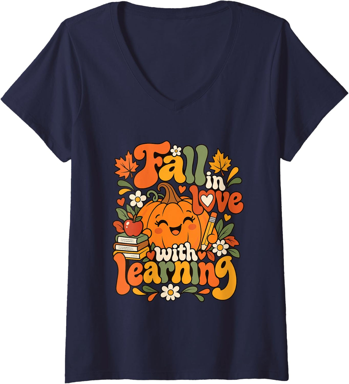 Women's Teacher Fall in Love with Learning V-Neck T-Shirt - Navy Blue