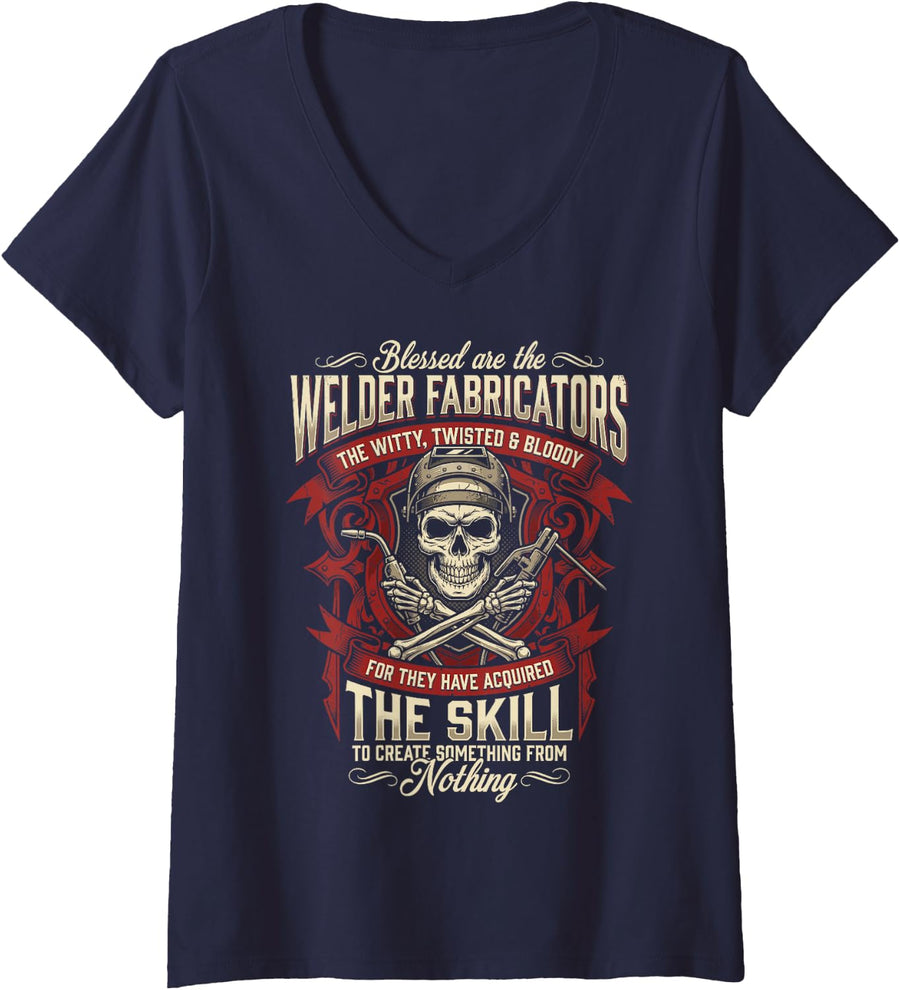 Women's Blessed are The Welder Fabricators Skilled Welding Humor Tee V-Neck T-Shirt - Navy Blue