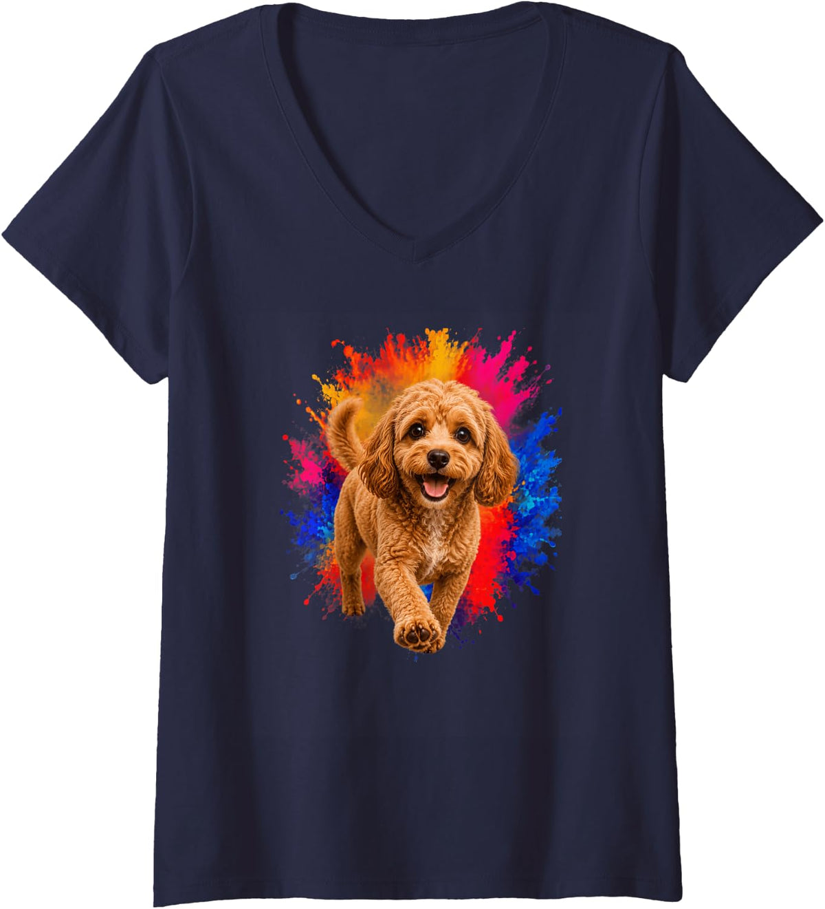 Women's Cockapoo Colorful Splash Art Dog V-Neck T-Shirt - Navy Blue