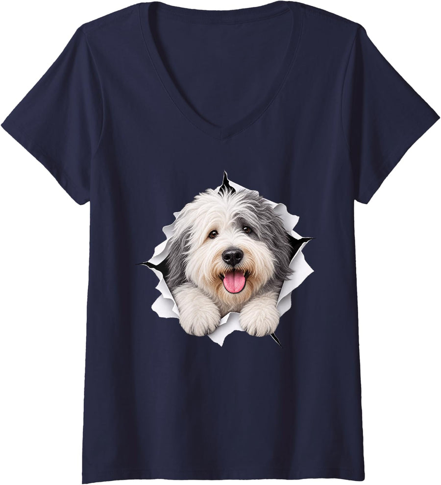 Women's Funny Old English Sheepdog Peeking Cute Dog Lover Mom Dad V-Neck T-Shirt - Navy Blue