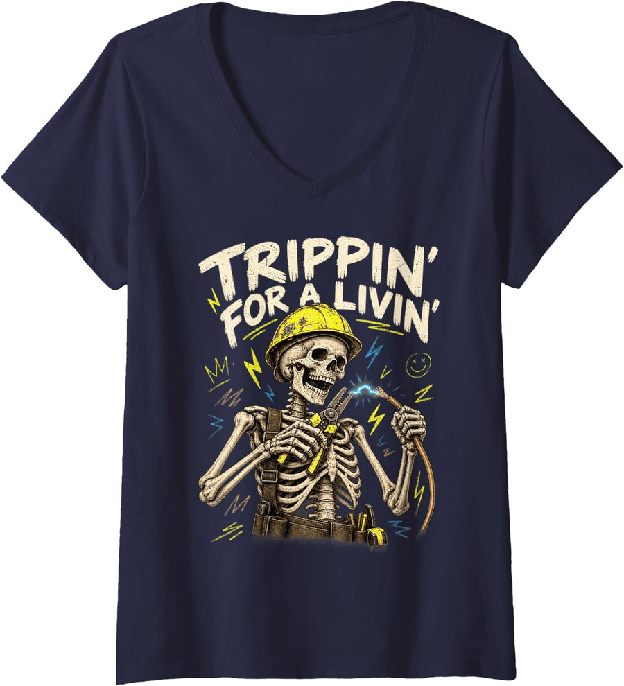 Women's Trippin for A Livin Funny Skeleton Electrician Lineman V-Neck T-Shirt - Navy Blue