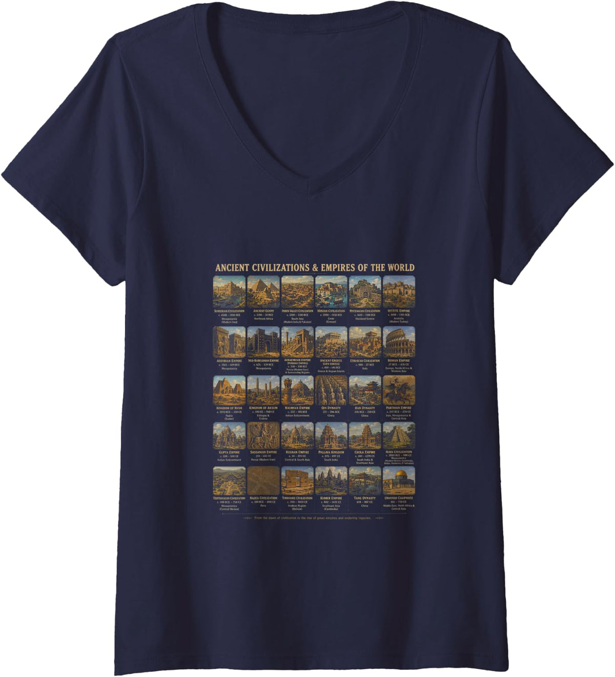 Women's Ancient Civilizations Empires World History V-Neck T-Shirt - Navy Blue