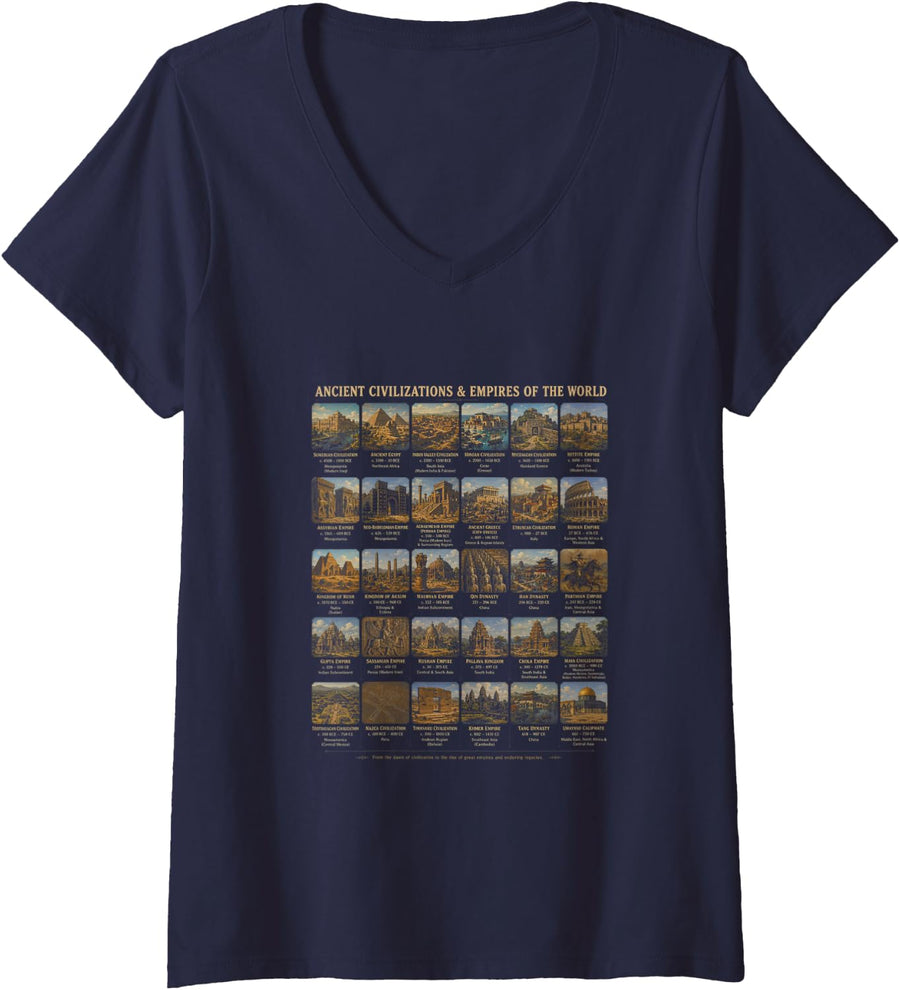 Women's Ancient Civilizations Empires World History V-Neck T-Shirt - Navy Blue