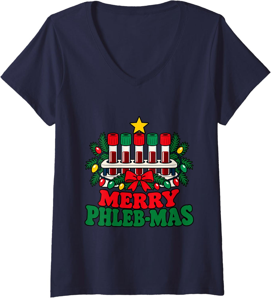 Women's Merry Phleb-Mas Funny Christmas Phlebotomist Blood Draw V-Neck T-Shirt - Navy Blue