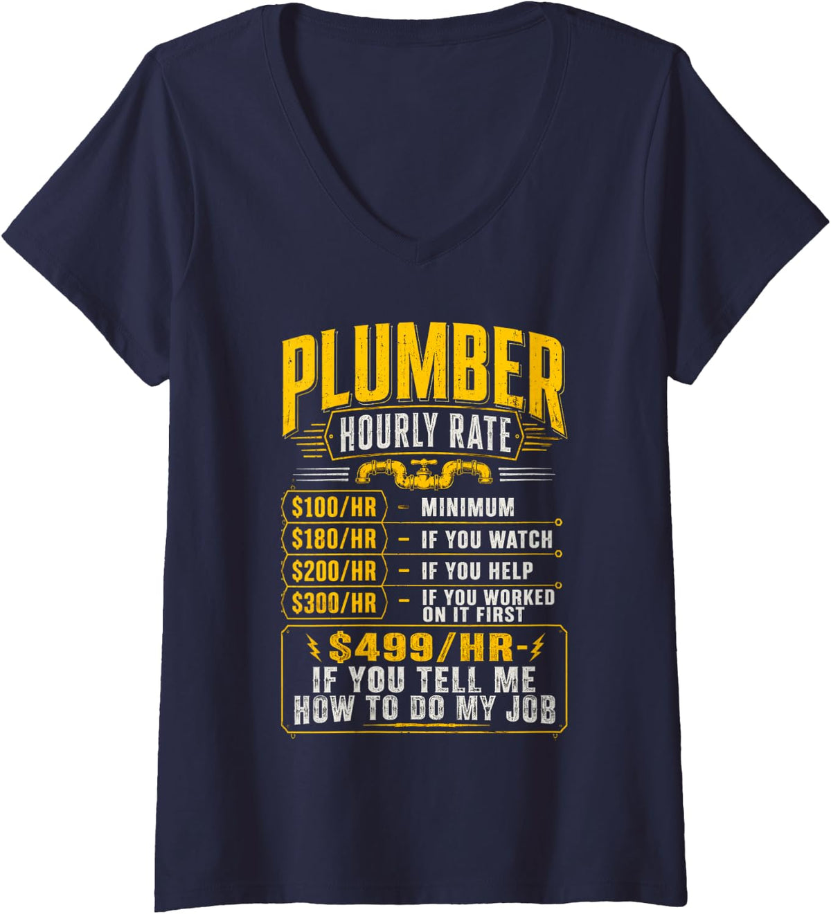 Women's Funny Plumber Hourly Rate Pricing Chart V-Neck T-Shirt - Navy Blue