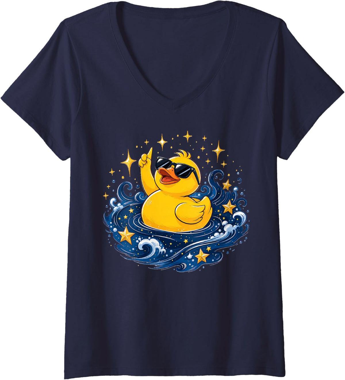 Women's Cool Yellow Duck with Sunglasses V-Neck T-Shirt - Navy Blue