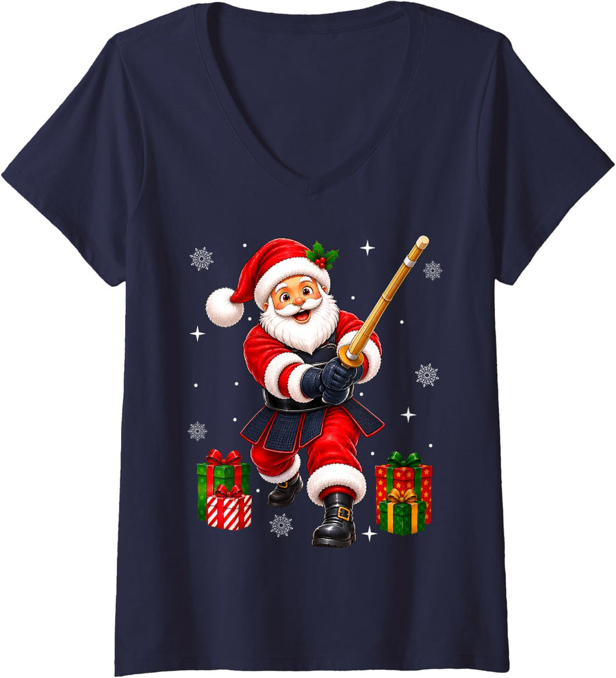 Women's Martial Arts Kendo Santa Christmas V-Neck T-Shirt - Navy Blue