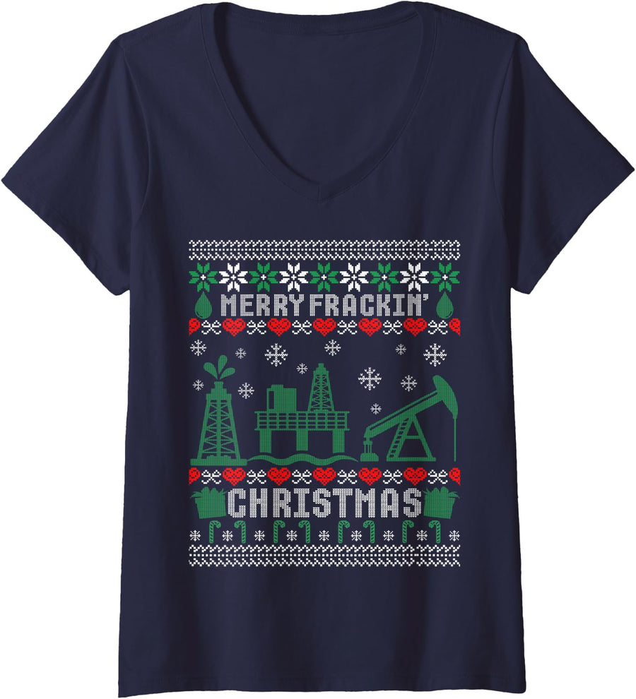 Women's Oilfield Merry Frackin Christmas Ugly Sweater V-Neck T-Shirt - Navy Blue