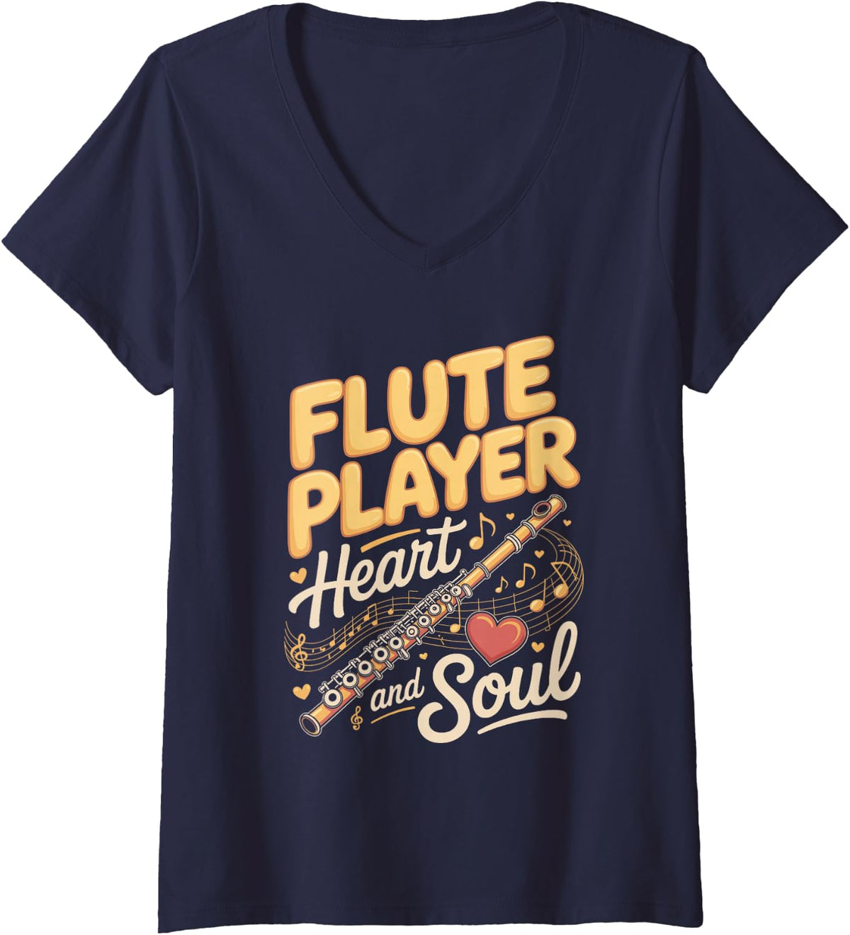 Women's Flute Player Heart and Soul Flutist Band V-Neck T-Shirt - Navy Blue