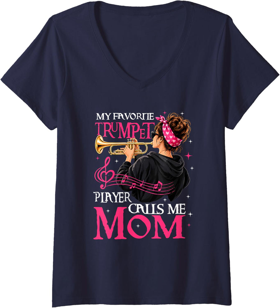 Women's Trumpet My Favorite Trumpet Player Calls Me Mom Xmas V-Neck T-Shirt - Navy Blue