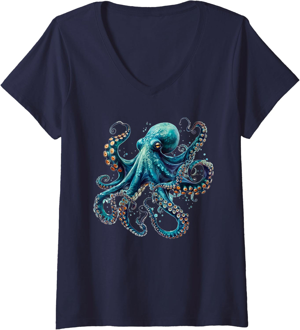 Womens Cool Blue Octopus V-Neck T-Shirt - Navy Blue