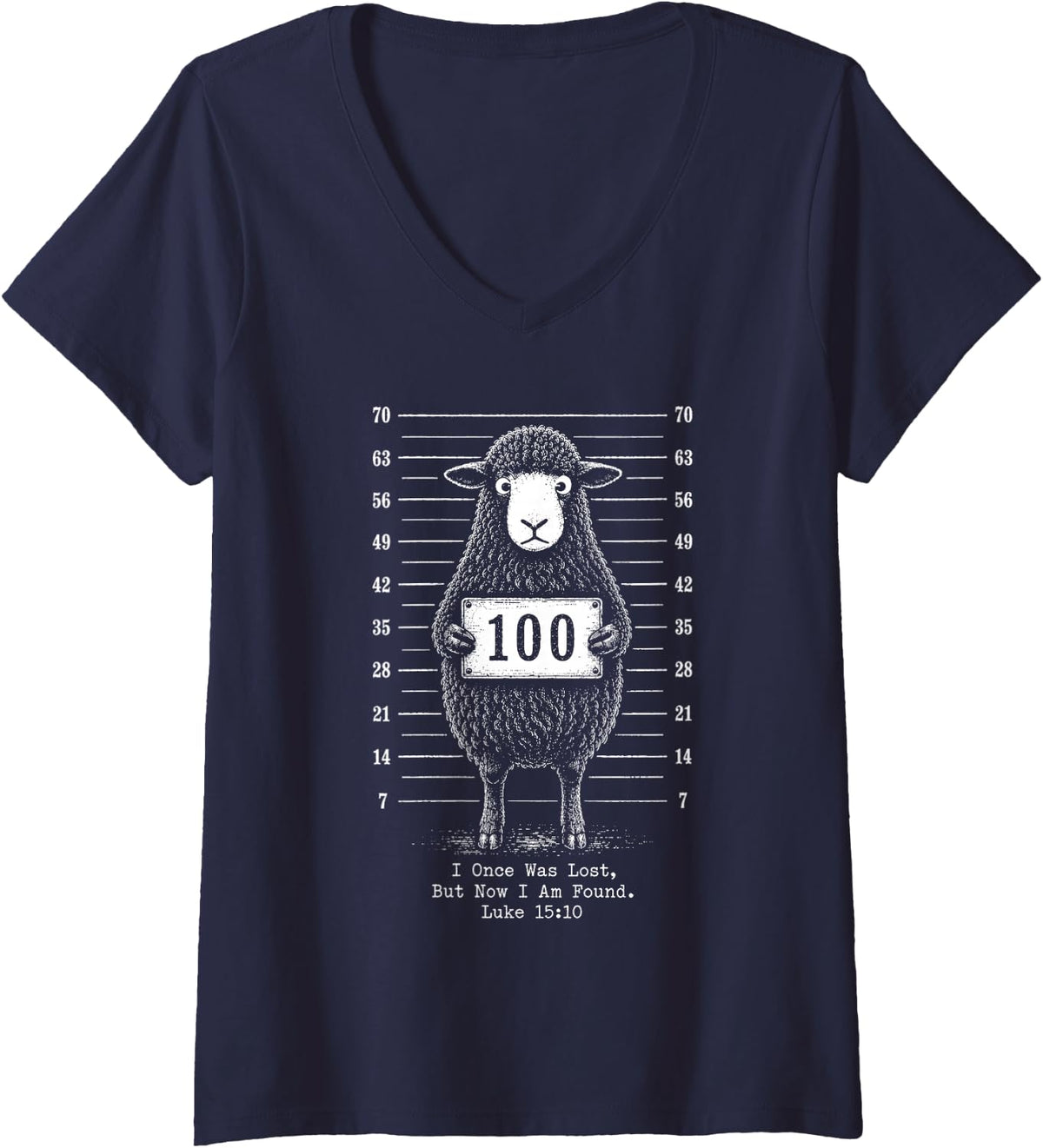 Women's I Once was Lost But Now I Am Found Funny Christian Sheep V-Neck T-Shirt - Navy Blue
