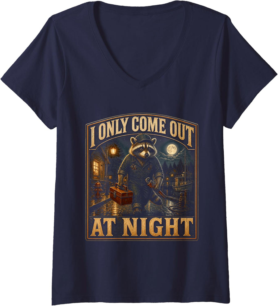 Women's I Only Come Out At Night Funny Plumber Humor V-Neck T-Shirt - Navy Blue