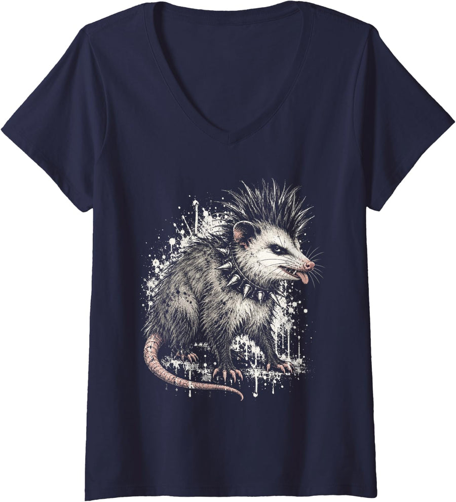 Women's Punk Opossum Funny Mohawk Possum Rock Grunge V-Neck T-Shirt - Navy Blue