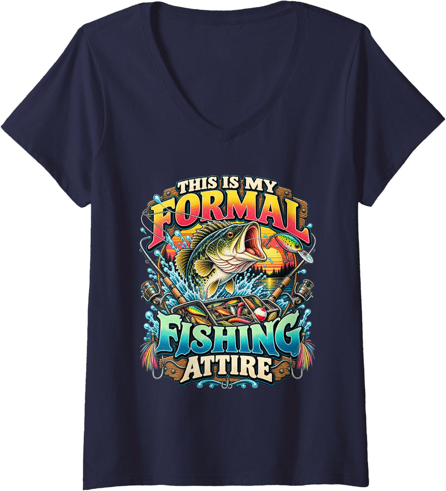 Women's This is My Formal Fishing Attire Funny Bass Fisherman V-Neck T-Shirt - Navy Blue