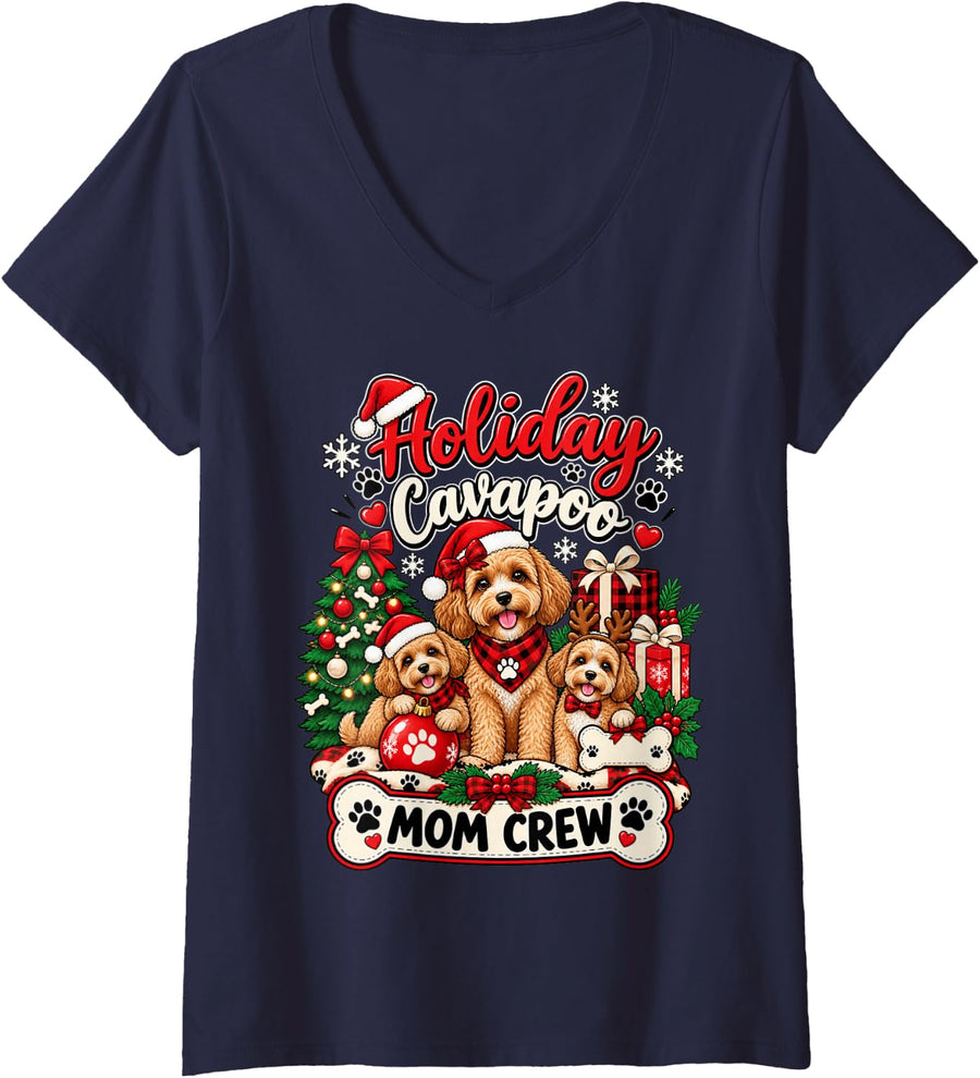 Women's Holiday Cavapoo Mom Crew Christmas Dog Mom Cavapoo Lover V-Neck T-Shirt - Navy Blue