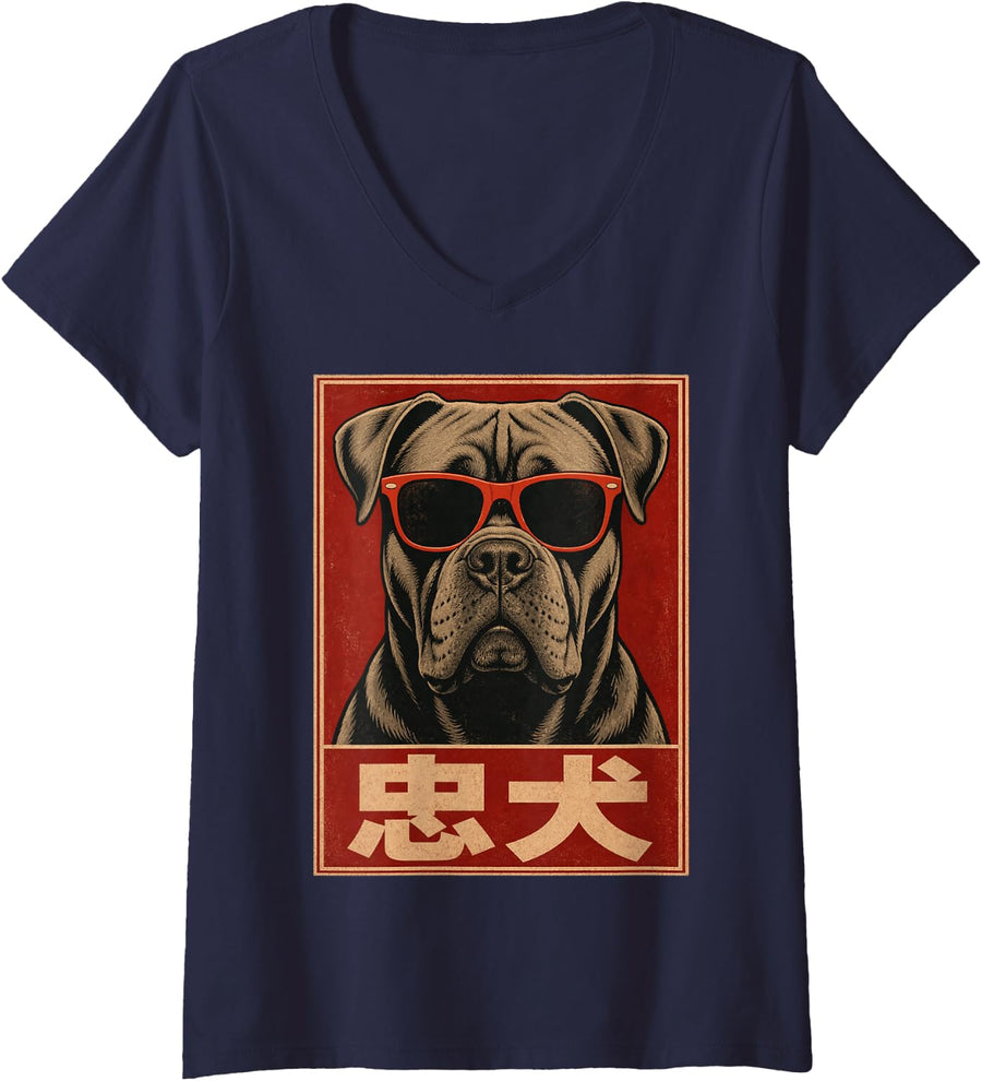 Women's Cane Corso Loyal Japanese Retro Art Vintage Kyosai V-Neck T-Shirt - Navy Blue