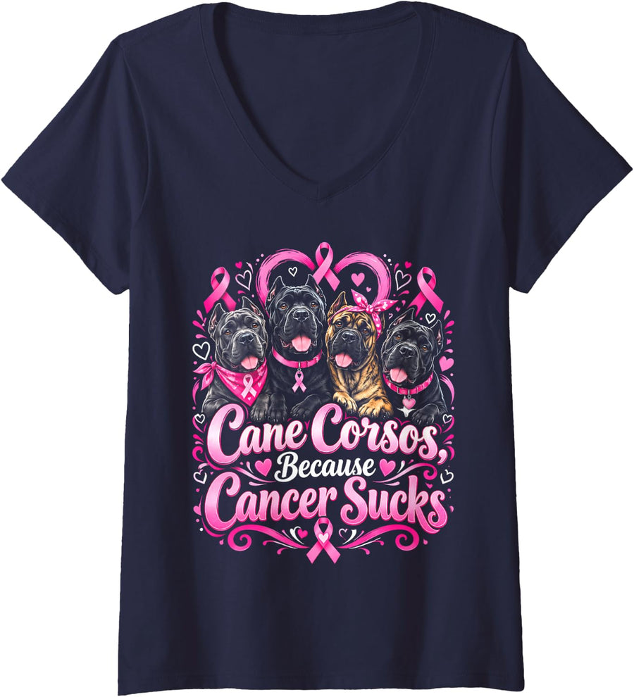 Women's Cane Corsos Because Cancer Sucks Dog V-Neck T-Shirt - Navy Blue