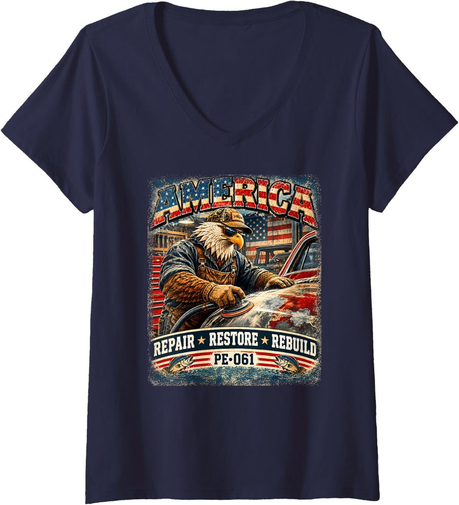 Women's America | Repair Restore Rebuild | Vintage Eagle Auto Repair V-Neck T-Shirt - Navy Blue