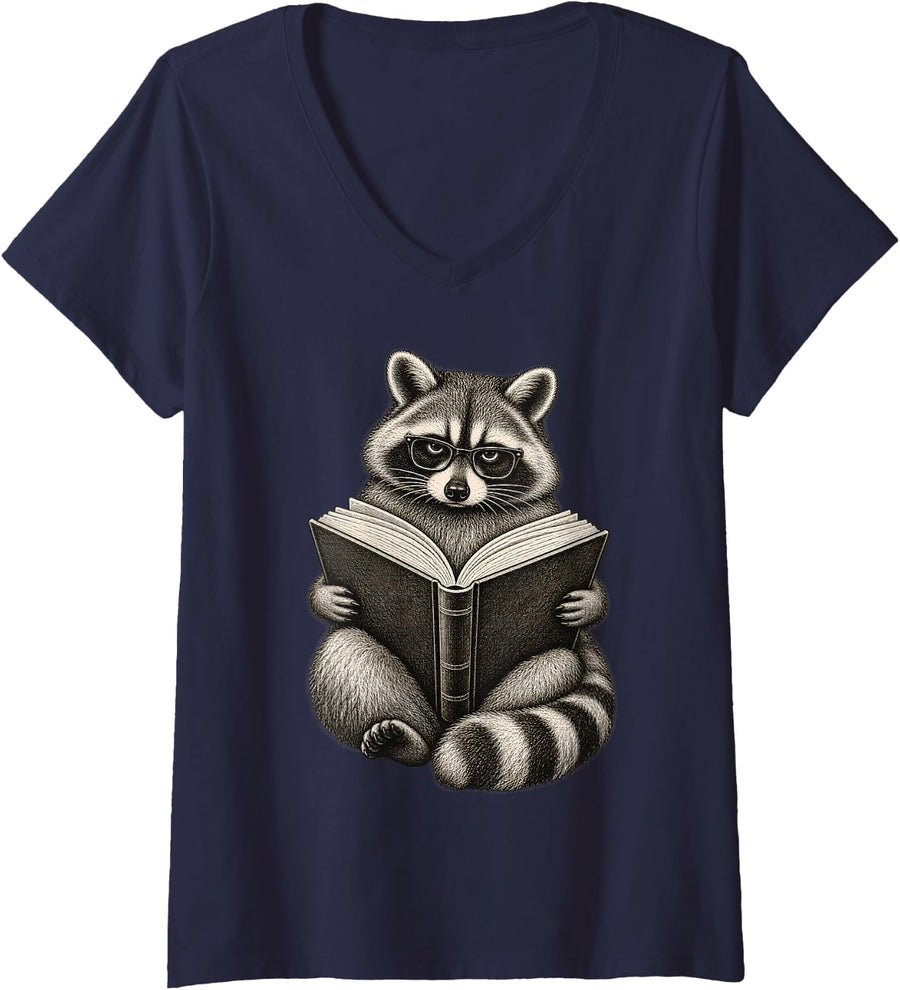 Women's Reading Raccoon with Glasses Book Lover Library Funny Humor V-Neck T-Shirt - Navy Blue