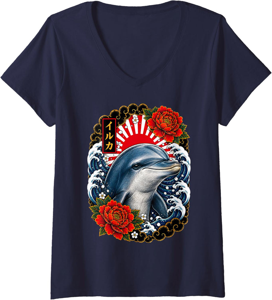 Women's Artistic Dolphin in Colourful Japanese Tattoo Style V-Neck T-Shirt - Navy Blue
