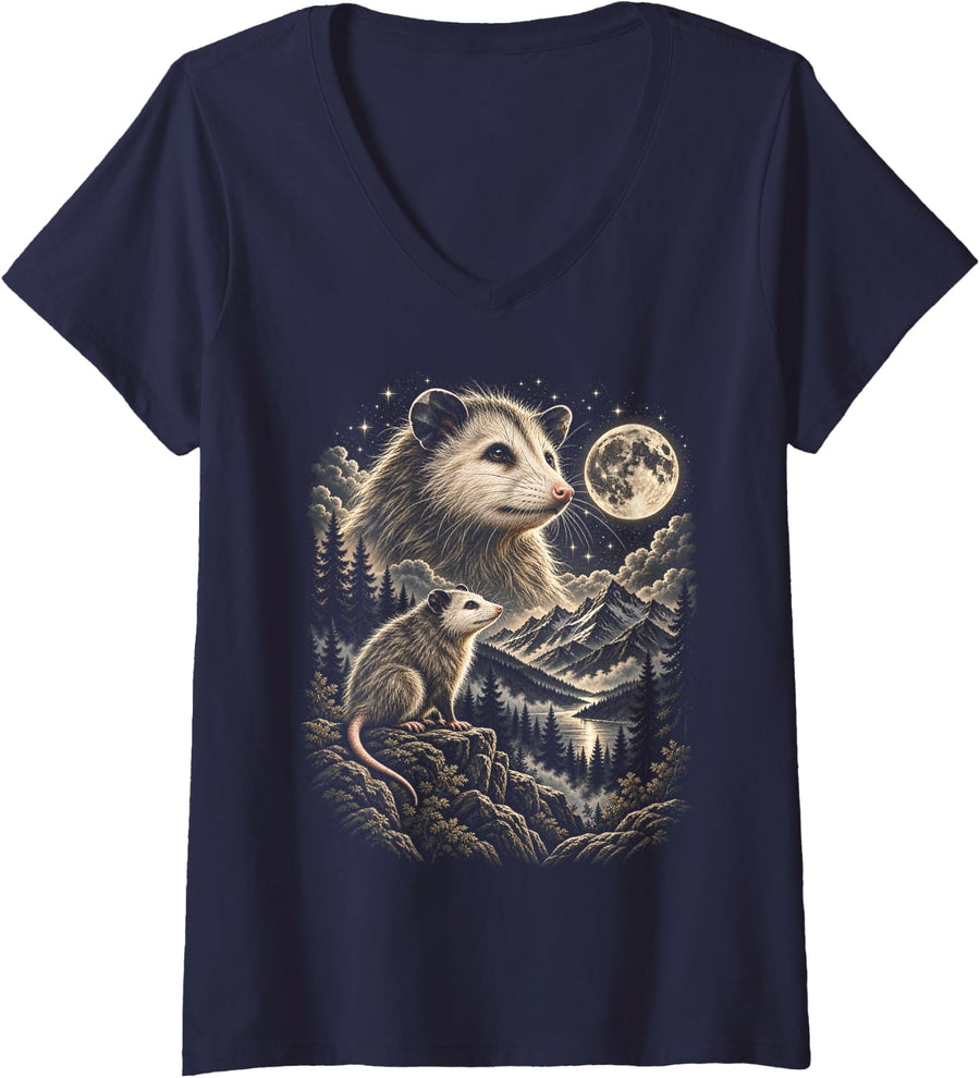 Women's Funny Opossum Howling at the Moon Vintage Animal Lover V-Neck T-Shirt - Navy Blue