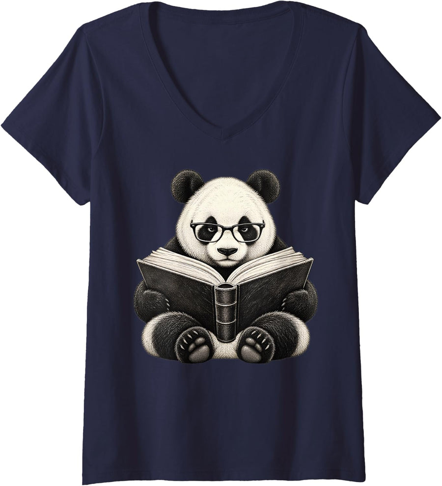 Women's Reading Panda with Glasses Book Lover Library Funny Humor V-Neck T-Shirt - Navy Blue