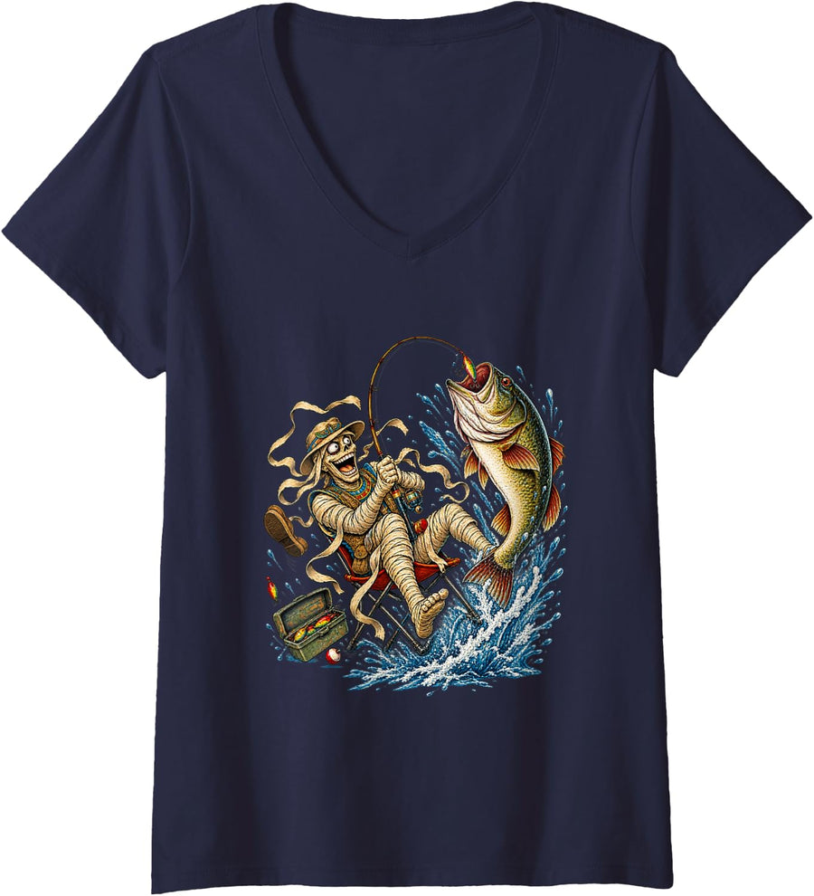 Women's Funny Fishing Mummy Bass Angler Egyptian Skeleton V-Neck T-Shirt - Navy Blue