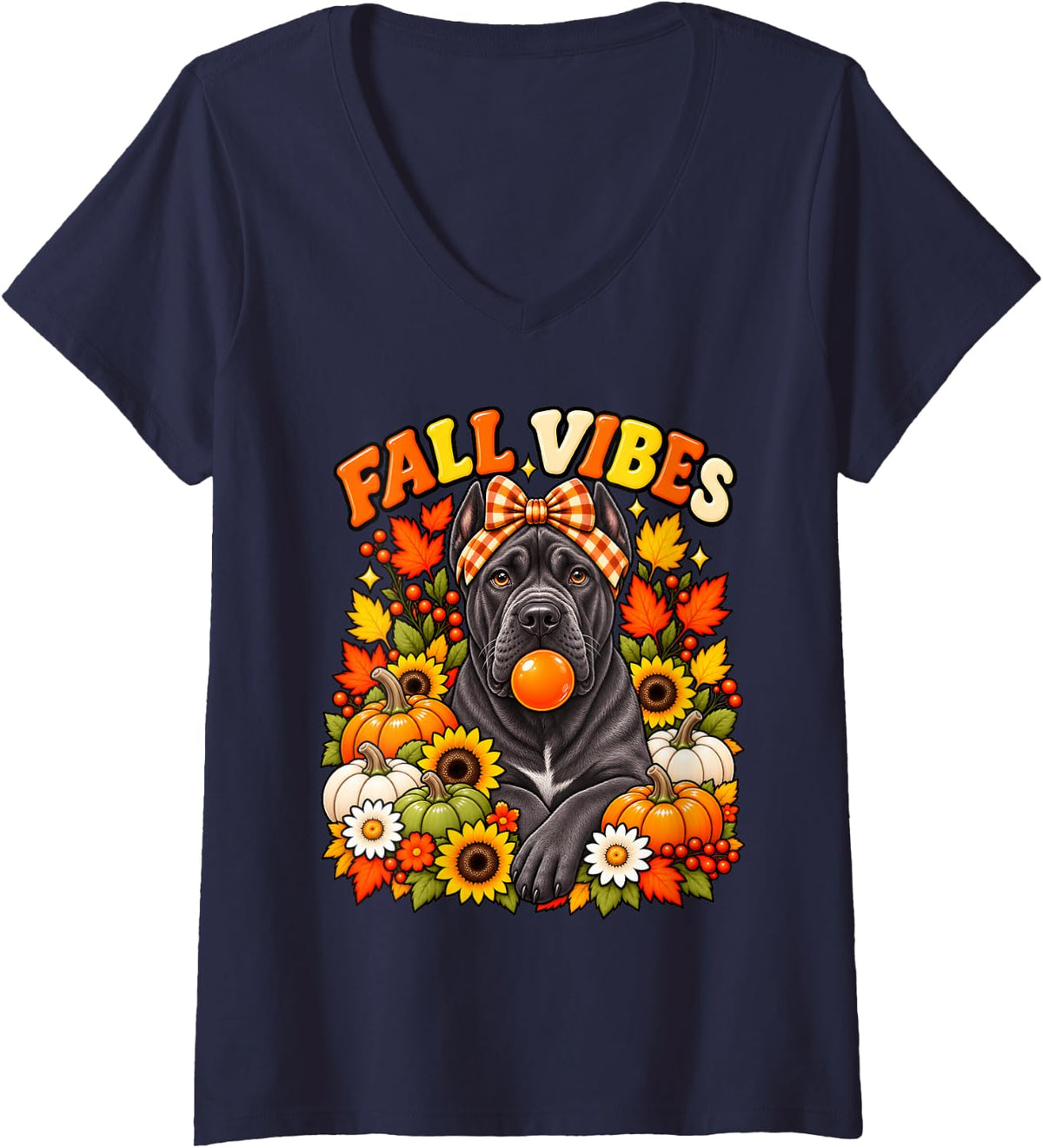 Women's Fall Vibes Cane Corso Dog Coquette Pumpkin Autumn Season V-Neck T-Shirt - Navy Blue