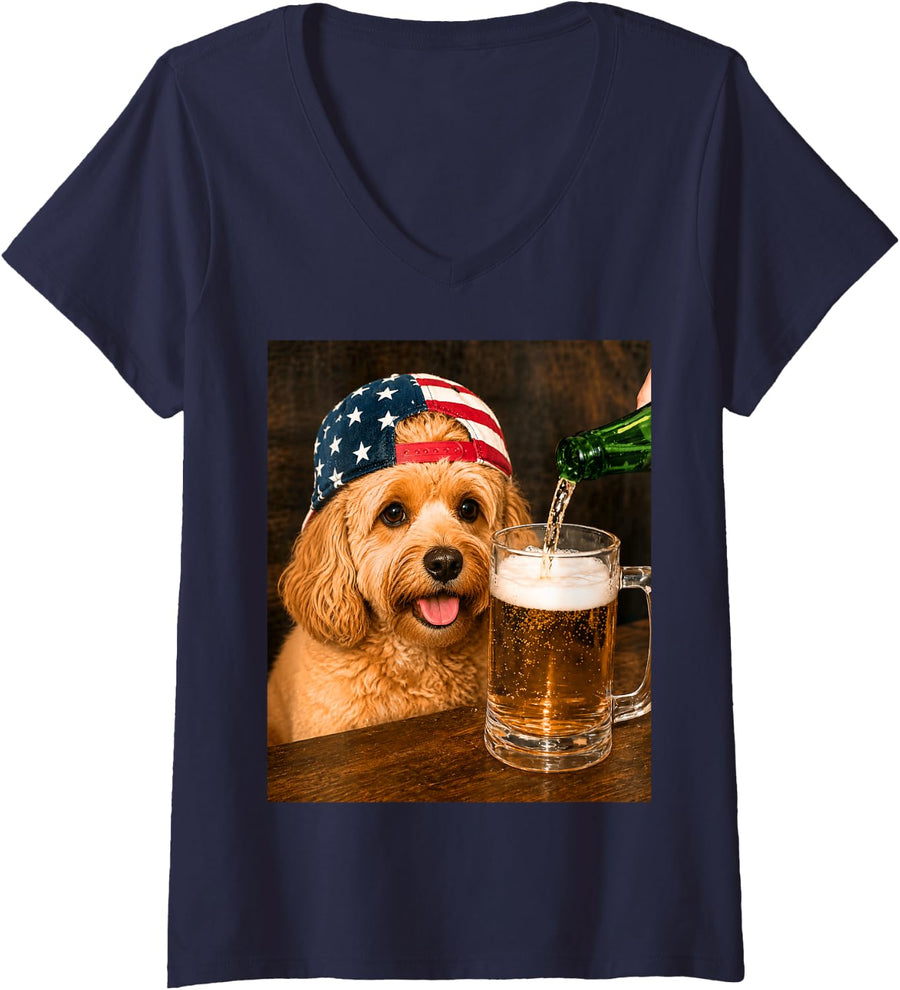 Women's Funny Cavapoo Drinking Beer Meme V-Neck T-Shirt - Navy Blue