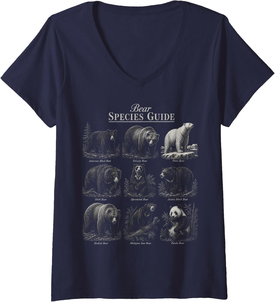 Women's Bear Species Guide Grizzly Polar Panda Kodiak Sun Sloth V-Neck T-Shirt - Navy Blue