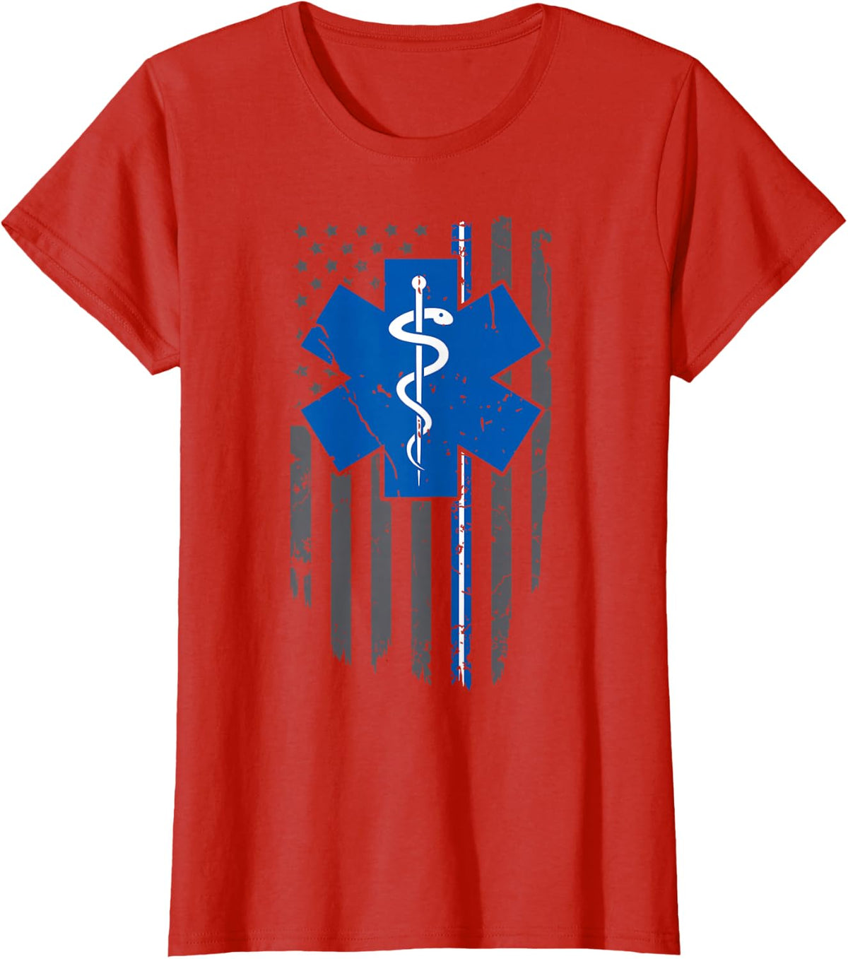 American Flag Blue White Thin Line EMS EMT EMR Paramedic T-Shirt - Red