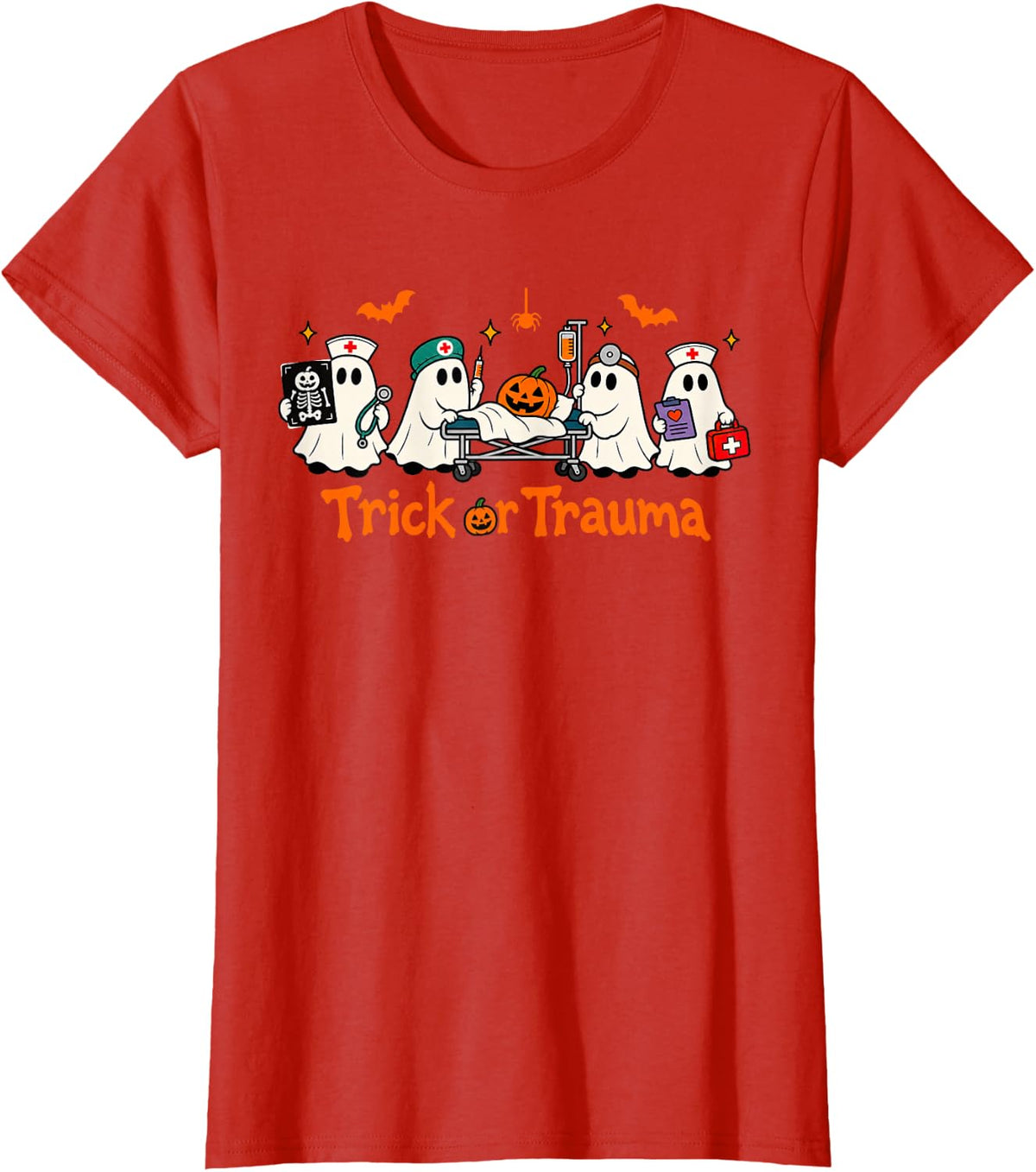 Halloween Nurse Ghost RN ER Nursing Trick Or Trauma T-Shirt - Red