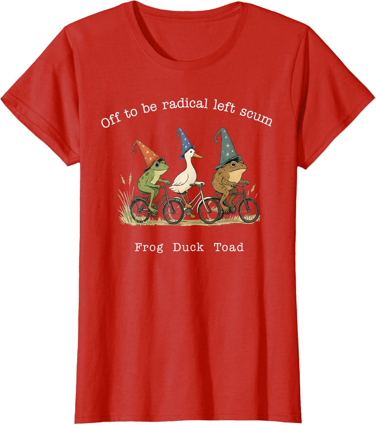 Funny Frog Duck Toad Riding Bicycle Magic Wizards T-Shirt - Red