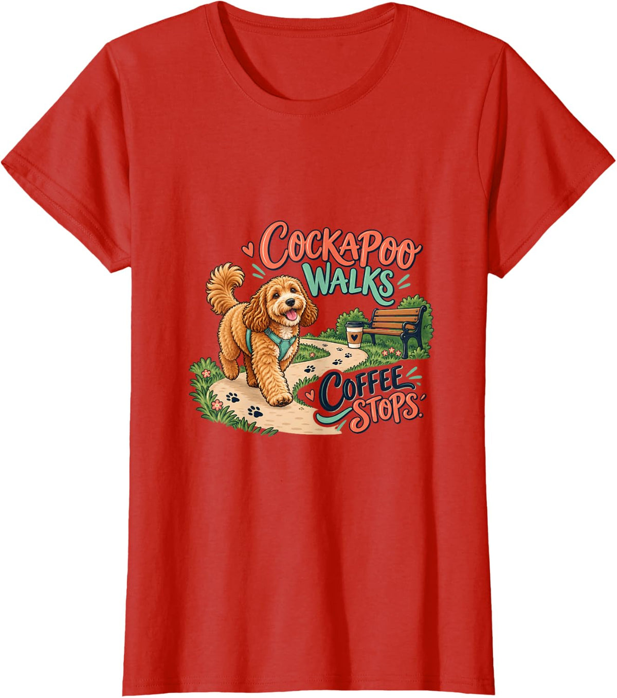 Cockapoo Dog Walking Coffee Pet Owner T-Shirt - Red