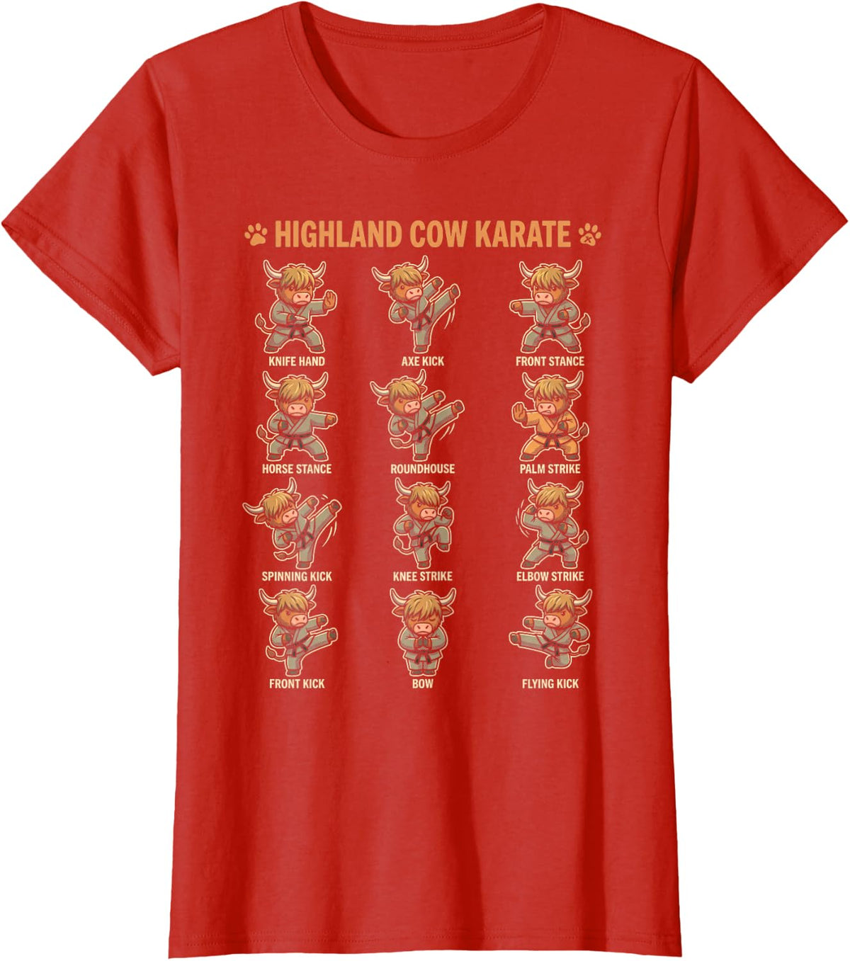 Highland Cow Karate Comic Poses Cute Funny Animal Chart T-Shirt - Red