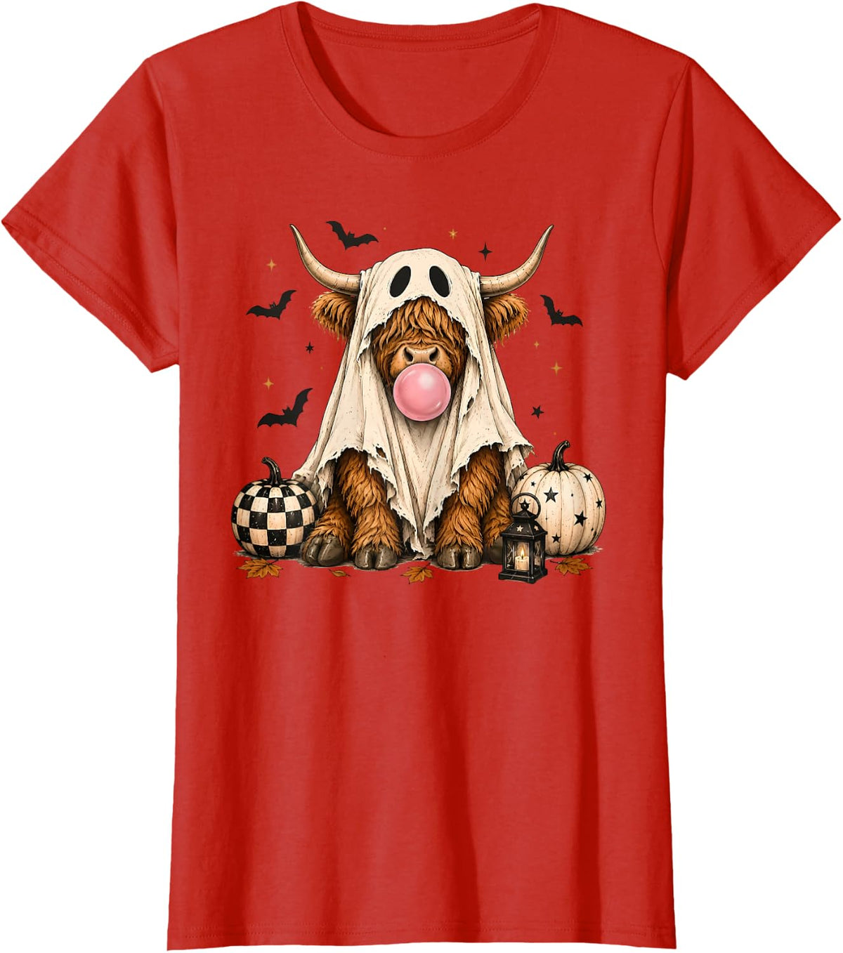 Halloween Highland Cow Cute Ghost Cow Bubble Gum Cow T-Shirt - Red
